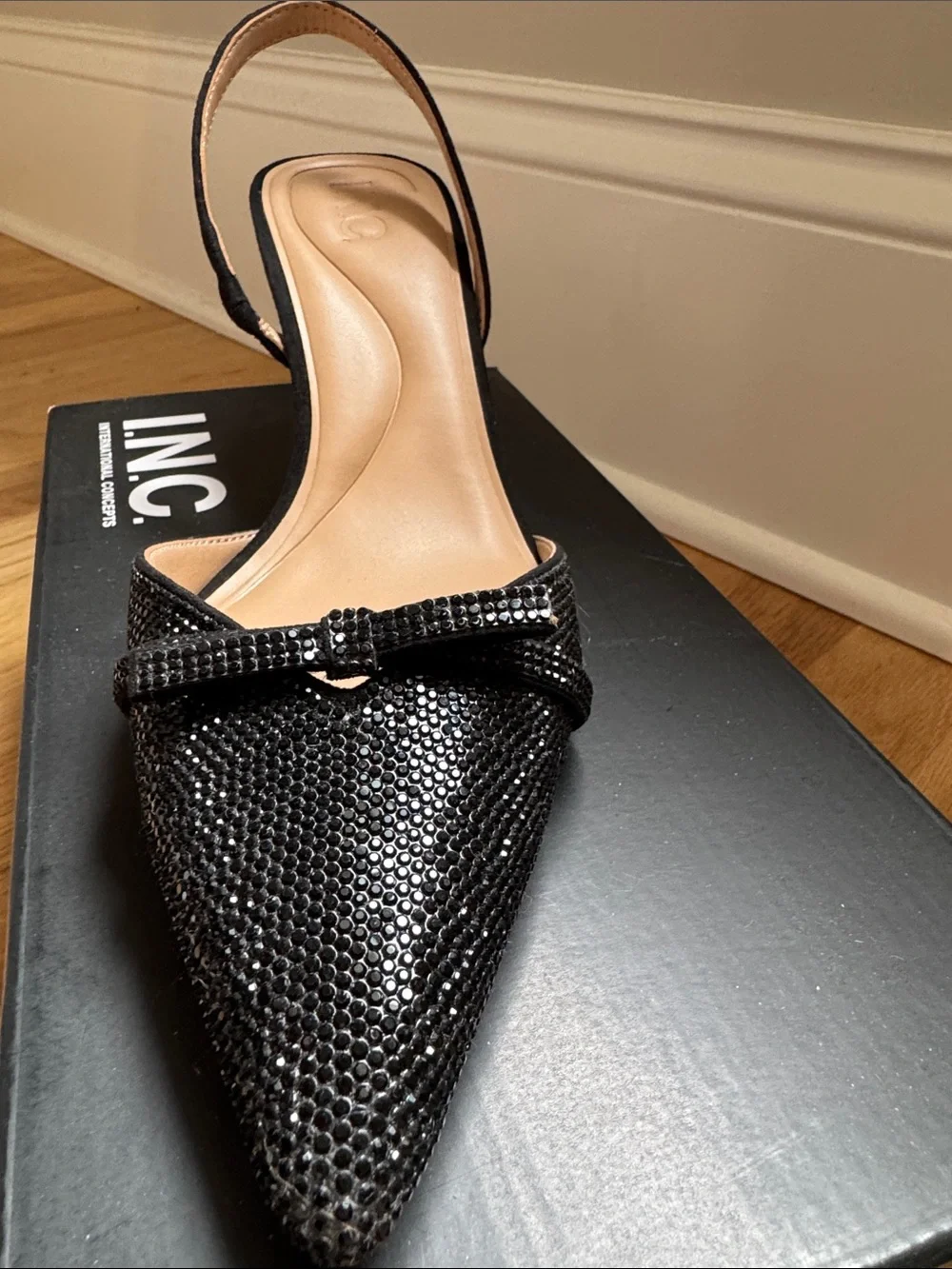 INC International Concepts Black Beaded Pointed Slingback Heels